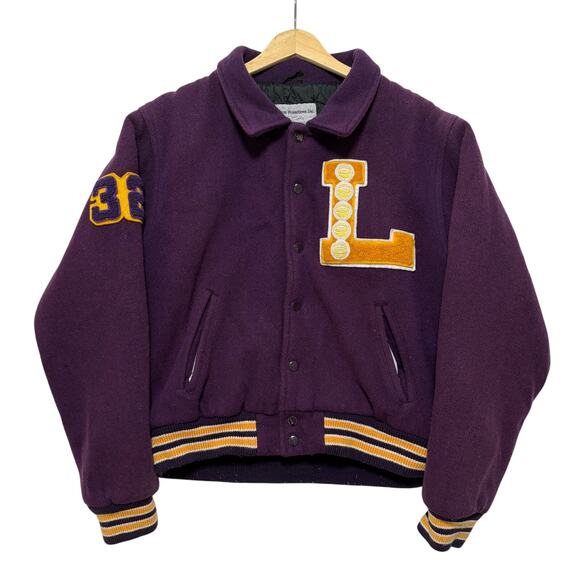 VTG 80s Lakers Magic Johnson Wool Letterman Jacket Purple S - Picture 1 of 3